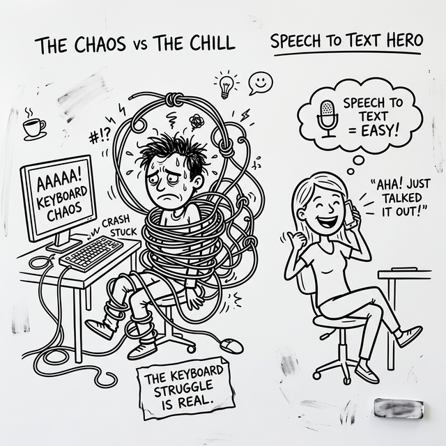 Humorous whiteboard drawing comparing typing chaos to dictation chill
